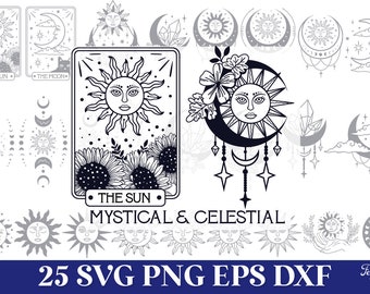 May include: A set of 25 digital design files featuring sun and moon illustrations in a mystical and celestial theme. The designs include tarot card style images, sun and moon dreamcatchers, and various sun and moon symbols. The text "THE SUN" and "THE MOON" are included in the design.