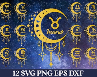 Zodiac SVG Files Cricut, Zodiac Sign SVG PNG Bundle, Horoscope Svg Png, Astrology Sign Svg, Boho Celestial Zodiac Svg, Zodiac Symbol Svg Png