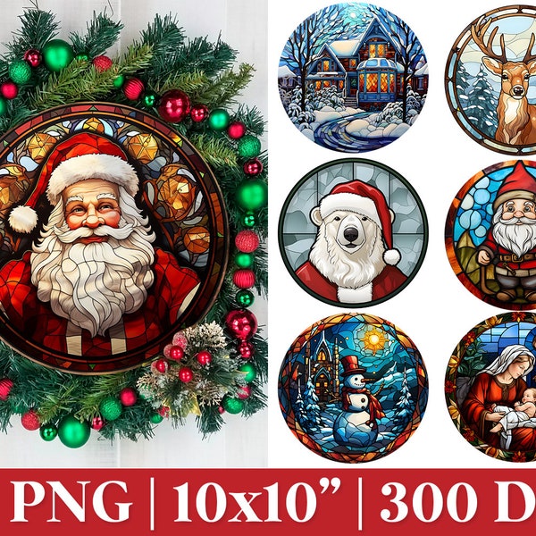 Glasmalerei Weihnachten PNG Sublimation, Weihnachten Wind Spinner PNG, Runde Weihnachten Sublimation PNG, Weihnachtsverzierung Png, Winterszene