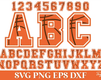 May include: Orange and brown basketball-themed alphabet letters and numbers. The letters are in a varsity style font with a white outline. The numbers are in a block font with a white outline. The letters and numbers are decorated with a basketball pattern.