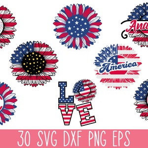 Puede incluir: Conjunto de 10 archivos de corte digital con dise&ntilde;os de girasoles rojos, blancos y azules con varios textos patri&oacute;ticos, que incluyen "Happy 4th of July", "America", "Anastasia" y "Love".