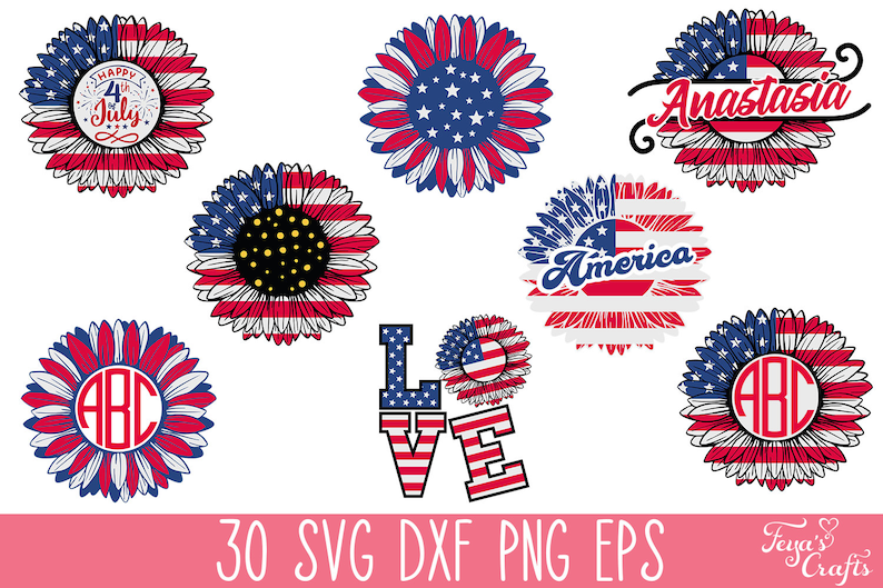 Puede incluir: Conjunto de 10 archivos de corte digital con dise&ntilde;os de girasoles rojos, blancos y azules con varios textos patri&oacute;ticos, que incluyen "Happy 4th of July", "America", "Anastasia" y "Love".