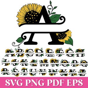 Zonnebloem gespleten monogram SVG-alfabet, zonnebloem gesplitste letters PNG-sublimatie, bloemen alfabet SVG Cricut, monogram letters Svg, gesplitste naam
