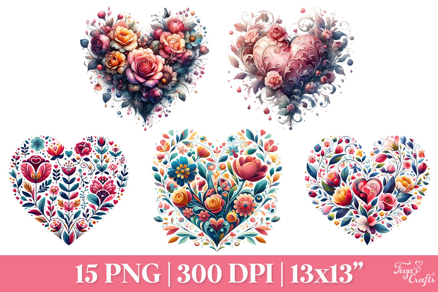 Floral Heart Clipart PNG, Watercolor Flower Hearts PNG, Boho Floral ...