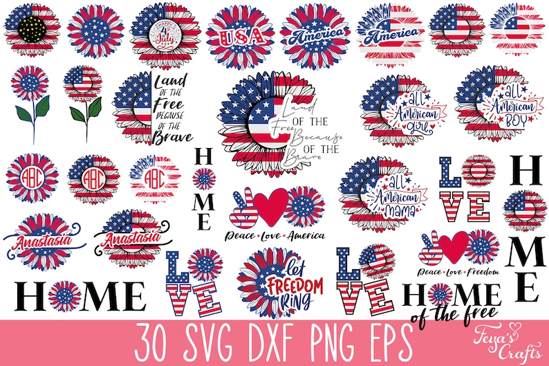 Puede incluir: 30 archivos de corte SVG con dise&ntilde;os de banderas americanas y girasoles. Los dise&ntilde;os incluyen "Land of the Free", "Home of the Free", "Peace Love America", "All American Girl", "All American Boy", "All American Mama", "Let Freedom Ring", y m&aacute;s.
