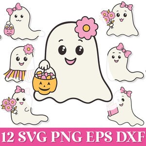 May include: Twelve digital clip art images of cute ghosts with pink bows and various accessories, such as candy buckets, flowers, and books. The ghosts are white with black outlines and have friendly faces.