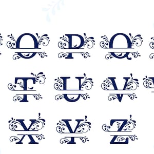 May include: A set of 26 split monogram letters in navy blue with a decorative floral design. Each letter is split in half with a horizontal line, allowing for the addition of a name or initials.