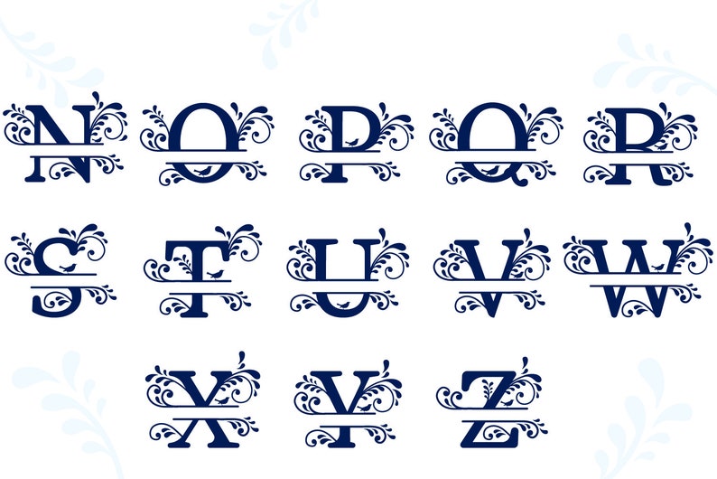 May include: A set of 26 split monogram letters in navy blue with a decorative floral design. Each letter is split in half with a horizontal line, allowing for the addition of a name or initials.
