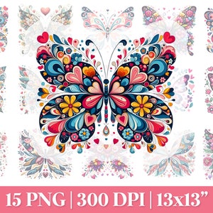 Blumen Schmetterlinge PNG Clipart, Herz Schmetterlinge PNG, Valentinstag Liebe Schmetterlinge Sublimation, Schmetterlinge mit Herzen Blumen Clipart Png