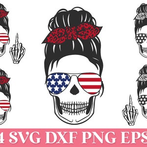 4th of July Messy Bun Skull SVG, USA Patriotic Messy Bun Skull SVG, American Flag Skull Svg, Momlife Skull Svg, Usa Flag Sunglasses Svg