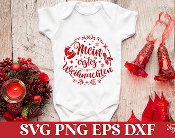 May include: A white baby onesie with a red circle design that says "Mein erstes Weihnachten" with a baby footprint and holly berry accents.