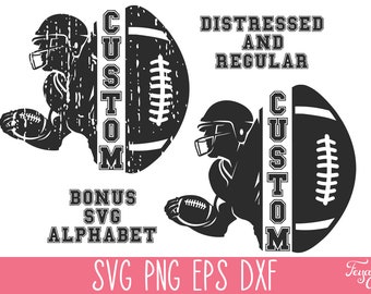 May include: Black and white distressed and regular design of a football player with a football and the word "CUSTOM" in a vertical design.  The design includes a bonus SVG alphabet.