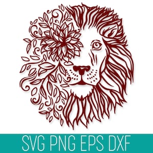 Cabeça de leão floral DXF SVG, Cabeça de leão DXF Cricut, Arquivo de corte Boho Lion Svg Dxf, Cricut de cabeça de leão floral, Flores de cabeça de leão Svg Dxf, Cara de leão