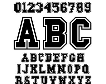 May include: A digital graphic displaying the text Varsity Font & SVG at the top and SVG PNG OTF TTF AI at the bottom. The center features the numbers 0 through 9, the large letters A, B, and C, and the full alphabet in a black varsity style.