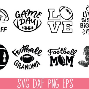 May include: A collection of eight black and white digital graphic designs featuring American football themes. Text includes Classy until kickoff, Game day, Love, Little sister biggest fan, Football grandma, and Football mom with football icons.