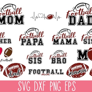 May include: A collection of digital graphic designs featuring football-themed text and illustrations. Elements include phrases like Football Mom, Dad, Brother, Sister, Papa, Mama, Sis, Bro, and Peace Love Football, alongside football icons, hearts, and a heartbeat line.