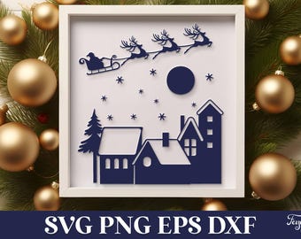クリスマスシーンSVG、冬景色SVG、クリスマスビレッジPNG、メリークリスマスSVG、クリスマスレーザーカットSVG、クリスマスプロッターファイルSVG