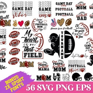 May include: A collection of black, white, and brown digital graphic designs featuring American football themes. The images include text such as Game Day, Football Mom, Football Dad, and My heart is on that field, alongside illustrations of footballs, helmets, hearts, and peace signs.