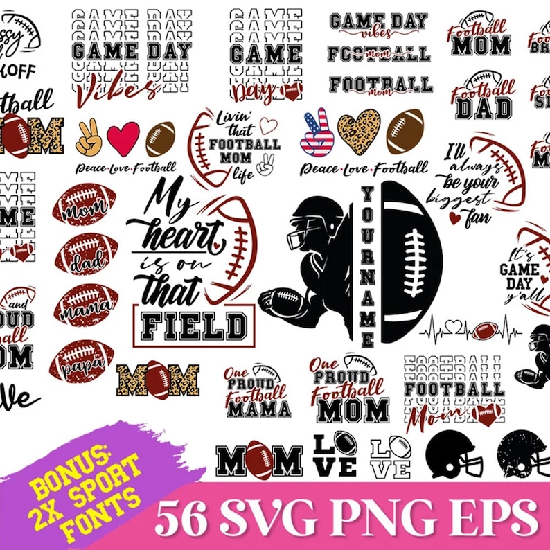May include: A collection of black, white, and brown digital graphic designs featuring American football themes. The images include text such as Game Day, Football Mom, Football Dad, and My heart is on that field, alongside illustrations of footballs, helmets, hearts, and peace signs.