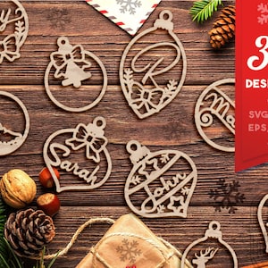 Weihnachtsbaumschmuck SVG-Pack, personalisierbare Designs für Weihnachtsbäume SVG, runde Weihnachtsverzierung, Weihnachtslaserschnittverzierungen