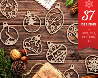 Christmas Tree Ornaments SVG Pack, Personalizable Designs for Christmas Trees SVG, Round Christmas Ornament, Christmas Laser Cut Ornaments