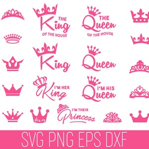 May include: A set of 20 pink crown SVG cut files, including various styles of crowns, tiaras, and the words "King" and "Queen" with different phrases. The text "SVG PNG EPS DXF" is at the bottom of the image.