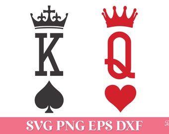 May include: Black and red graphic design featuring a king and queen of playing cards. The king has a spade symbol and a crown. The queen has a heart symbol and a crown. The text "SVG PNG EPS DXF" is at the bottom of the design.