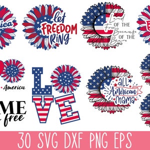 Puede incluir: Un conjunto de 10 archivos de corte digital que presentan dise&ntilde;os de banderas americanas patri&oacute;ticas con texto como "Let Freedom Ring", "Land of the Free Because of the Brave", "Peace Love America", "Home of the Free", "All American Mama", "All American Girl" y "All American Boy".