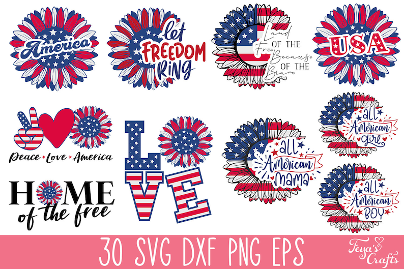 Puede incluir: Un conjunto de 10 archivos de corte digital que presentan dise&ntilde;os de banderas americanas patri&oacute;ticas con texto como "Let Freedom Ring", "Land of the Free Because of the Brave", "Peace Love America", "Home of the Free", "All American Mama", "All American Girl" y "All American Boy".