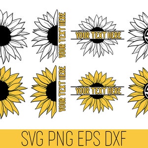Op de afbeelding: Set van acht SVG-snijbestanden voor zonnebloemen. Vier zijn zwart en geel, en vier zijn wit en zwart. Twee van elke kleurset hebben de tekst "YOUR TEXT HERE" en twee hebben het monogram "SUG".
