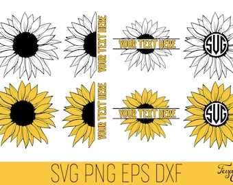 Sunflower SVG Bundle, Sunflower Monogram Svg, Split Sunflower SVG, Sunflower SVG Cricut, Half Sunflower Svg, Sunflower Png, Sunflower Cricut