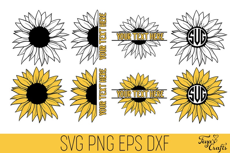 May include: Set of eight sunflower SVG cut files.  Four are black and yellow, and four are white and black.  Two of each color set have the text "YOUR TEXT HERE" and two have the monogram "SUG".