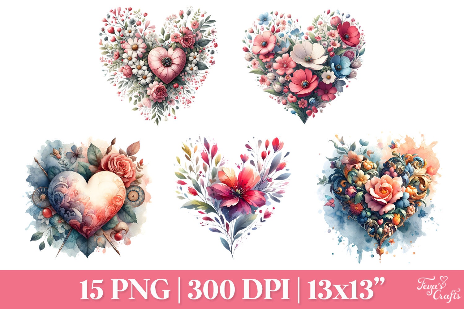 Floral Heart Clipart PNG, Watercolor Flower Hearts PNG, Boho Floral ...
