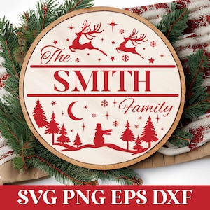 Letrero navideño con nombre de familia SVG, Adorno navideño redondo SVG, Letrero navideño para porche SVG, Colgador de puerta navideño SVG, Glowforge navideño SVG