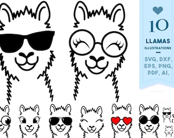 May include: A set of 10 black and white llama illustrations with different expressions. The llamas are wearing sunglasses, heart-shaped glasses, and some have eyelashes. The text "No Drama Llama" and "No Prob Llama" is also included.