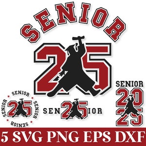 May include: A red and black graphic design with the word "SENIOR" in a large, bold font. The number "25" is in a large, bold font with a silhouette of a graduating student holding a diploma. The design also includes a smaller version of the design with the number "25" in a circle.