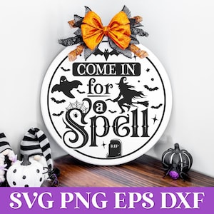 Kom binnen voor een spreuk Halloween SVG, Halloween SVG PNG, ronde Halloween deurhanger Svg, Halloween Svg citaten, Halloween Lasergesneden Svg