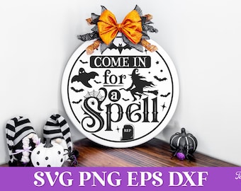 Kommen Sie herein für einen Zauber Halloween SVG, Halloween SVG PNG, runder Halloween Türaufhänger SVG, Halloween SVG Zitate, Halloween Laser Cut svg