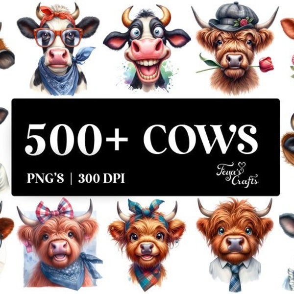 Funny Cows PNG Bundle, Highland Cows PNG Bundle, Funny Baby Cow PNG Clip Art, Baby Highland Cow Png Watercolor, Cow Sublimation Designs
