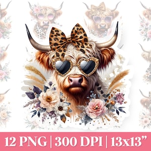 Elegant Highland Cow PNG Pack, Highland Cow with Flowers PNG Sublimation, Boujee Cow PNG, Cow Tumbler Wrap, Highland Cow T-shirt Png