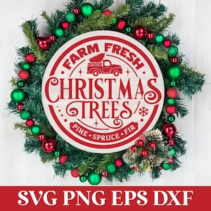 Arbres de Noël frais ferme rond ornement SVG, signe de Noël SVG, Noël Glowforge découpé au laser SVG, SVG de chemise de Noël, Noël en famille