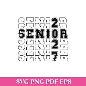 Puede incluir: Un diseño gráfico en blanco y negro que presenta la palabra SENIOR repetida en un patrón de cuadrícula, con los números 2027 mostrados verticalmente en una fuente negrita de estilo universitario en el lado derecho. El diseño usa una estética de alto contraste.