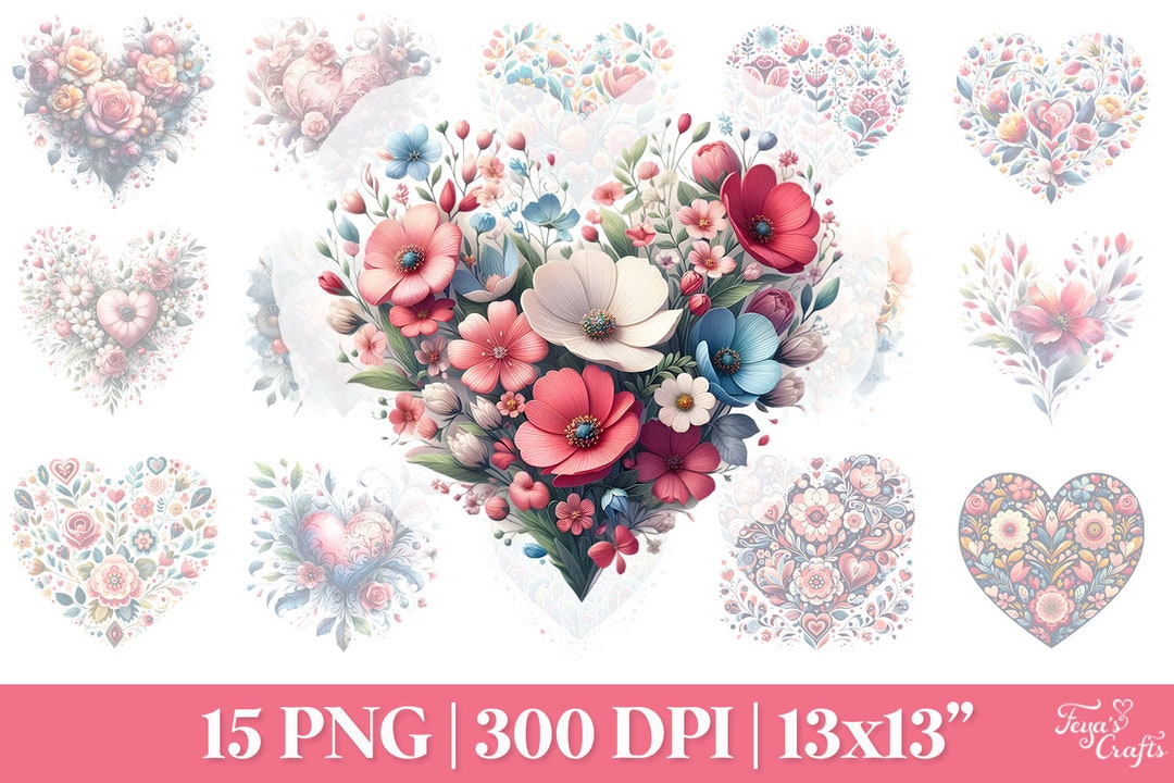 Floral Heart Clipart PNG, Watercolor Flower Hearts PNG, Boho Floral ...