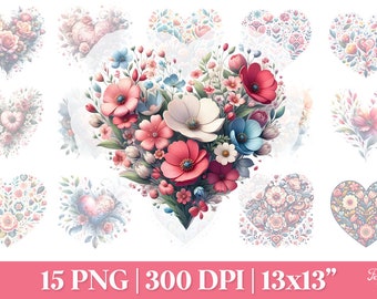 Floral Heart Clipart PNG, Watercolor Flower Hearts PNG, Boho Floral Hearts, Rose Heart Valetine’s PNG, Heart with Flowers Printable Clipart