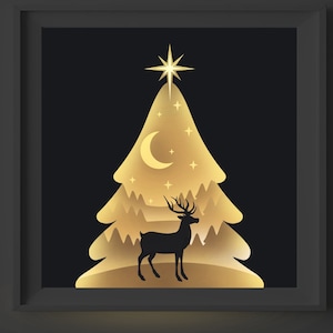 Weihnachten Schatten Box SVG Datei, Weihnachtsbaum 3D Szene SVG, Weihnachten Lightbox SVG, Weihnachten 3D Papier Schnitt Vorlage, geschichtete Rentier SVG
