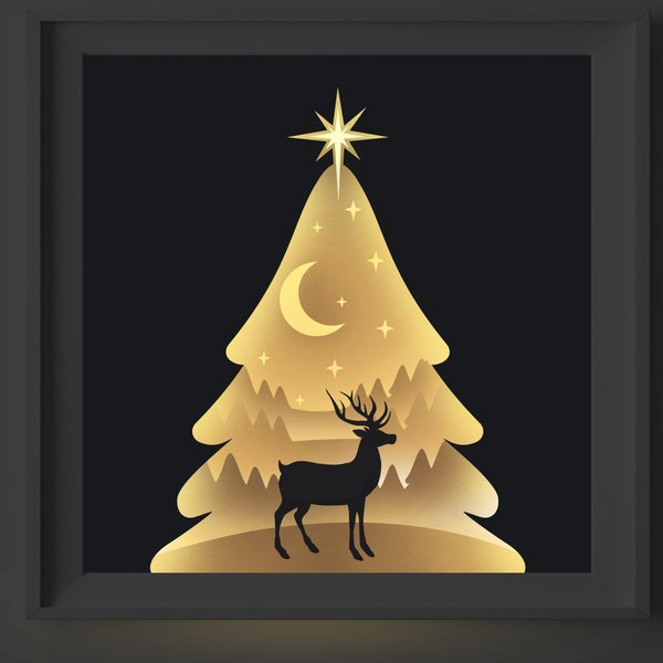 Christmas Shadow Box SVG File, Christmas Tree 3D Scene SVG, Christmas Lightbox SVG, Christmas 3D Paper Cut Template, Layered Reindeer Svg