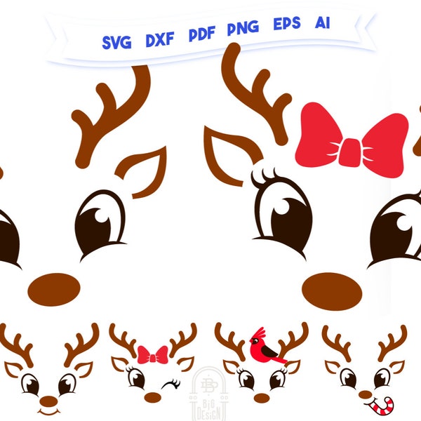 Christmas Reindeer Faces SVG PNG Bundle, Girl Reindeer SVG, Boy Reindeer Svg, Christmas 2023 Svg, Cute Reindeer Face Svg Cricut