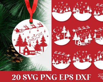 May include: Set of 20 Christmas ornament SVG cut files featuring a variety of winter scenes with Santa Claus, reindeer, snowmen, and houses. The designs are in white on a red background.