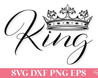 May include: Black and white illustration of a crown with the word "King" written in a cursive font.