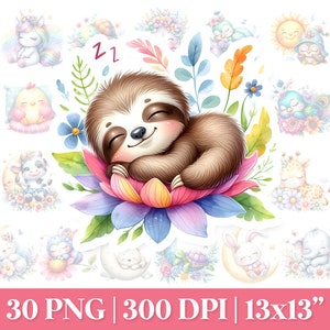 Clipart PNG degli animaletti che dormono, animali della stanza della scuola materna PNG, animali carini dell'acquerello PNG, cuccioli di animali in fiori Png, coniglietto addormentato Png